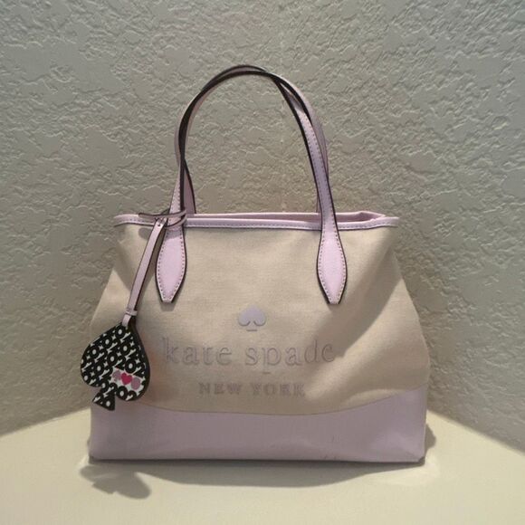 Kate Spade Leather Trim Canvas Tote Bag Natural Pink Logo Preppy Barbiecore - Picture 1 of 16